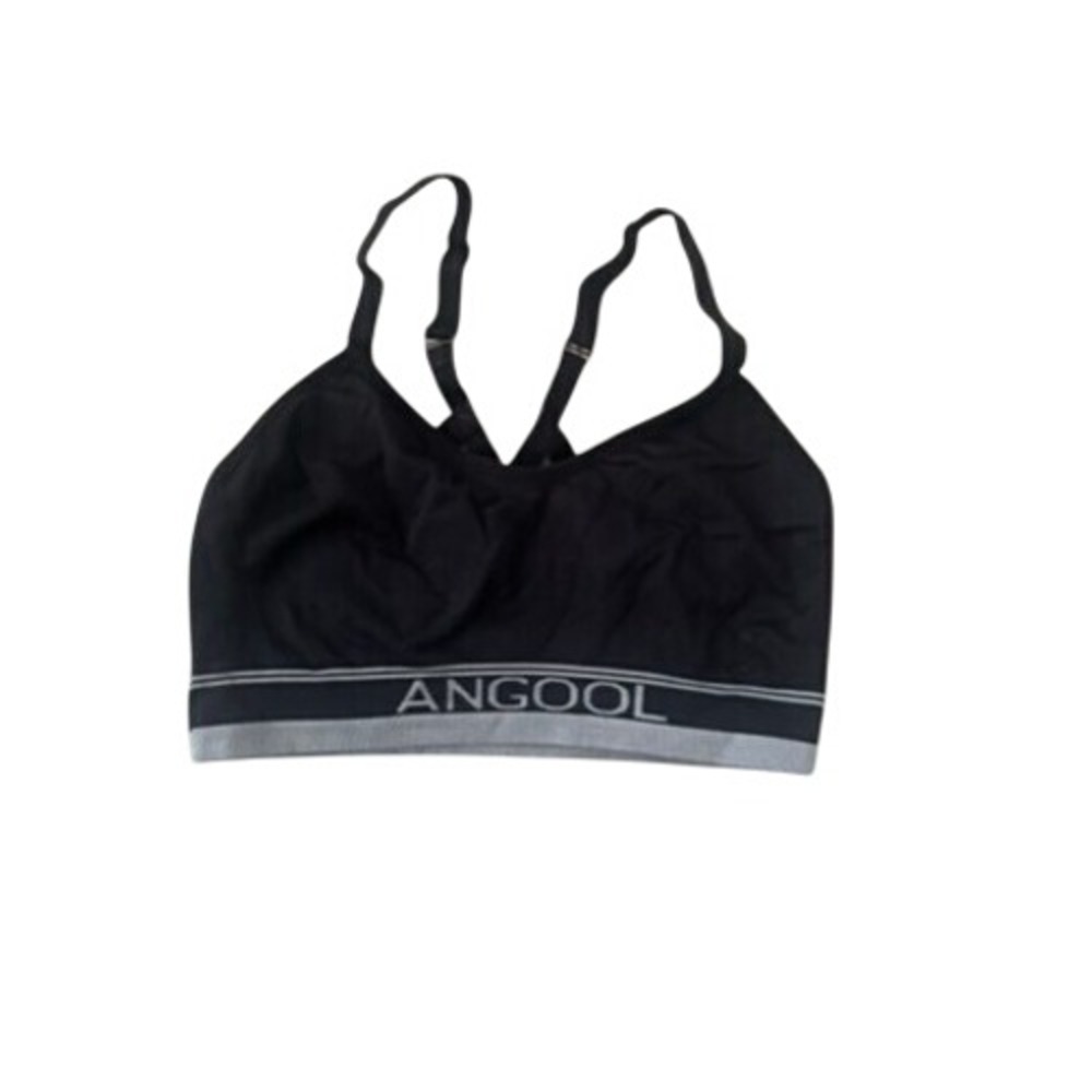 Angool Sports Bra Black Seamless Adjustable Racerback‎ Activewear Logo Band